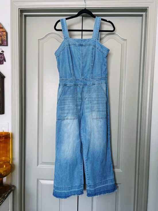 Dollhouse Pants - Dollhouse Denim Wide Leg Jumpsuit Light Wash Adjustable Straps Cropped Raw Hem L
